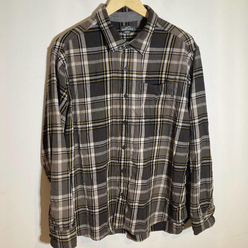 Eddie Bauer Mens XXL Gray Yellow Plaid Flannel Double Breasted Button Down Shirt - Picture 2 of 6